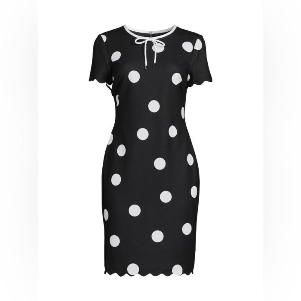 KARL LAGERFELD PARIS Scalloped Polka Dot Pencil Dress